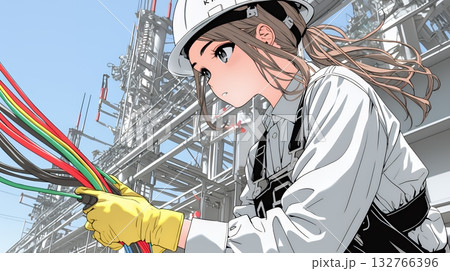配線工事をしている女性作業員