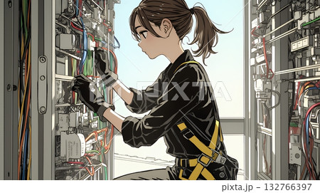 配線工事をしている女性作業員