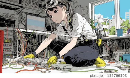 配線工事をしている女性作業員