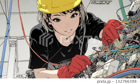 配線工事をしている女性作業員