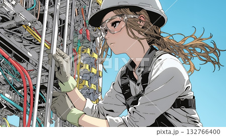 配線工事をしている女性作業員