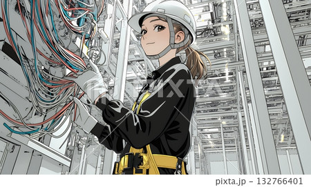 配線工事をしている女性作業員