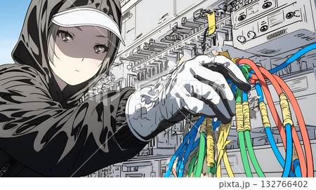 配線工事をしている女性作業員