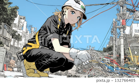 配線工事をしている女性作業員