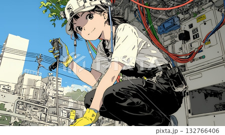 配線工事をしている女性作業員