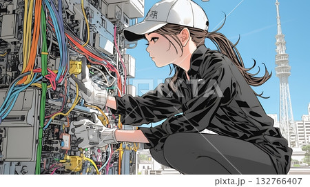 配線工事をしている女性作業員