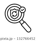 虫眼鏡でセキュリティを確認しています。盾の中心には回転する矢印があります。 132766452