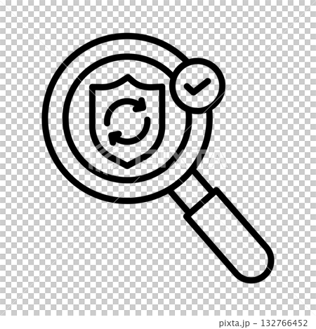 A magnifying glass is used to check security, and a shield has a rotating arrow in the center. A magnifying glass is used to check security, and a shield has a rotating arrow in the center. 132766452