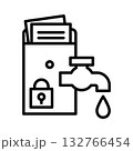 紐付き封筒の中の情報が蛇口から漏れています。封筒は開けられています。 132766454