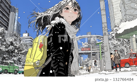 雪の積もる冬の都会を散策している若生女性