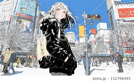雪の積もる冬の都会を散策している若い女性