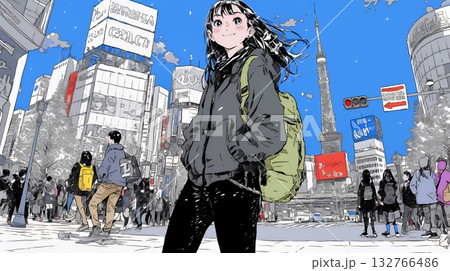 雪の積もる冬の都会を散策している若生女性