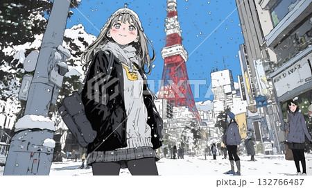 雪の積もる冬の都会を散策している若生女性
