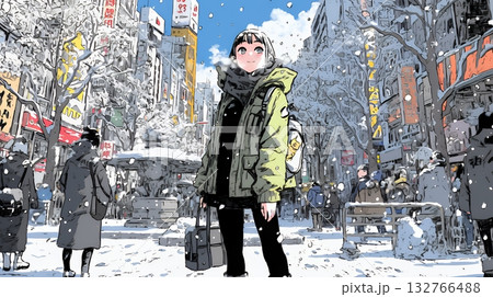 雪の積もる冬の都会を散策している若生女性