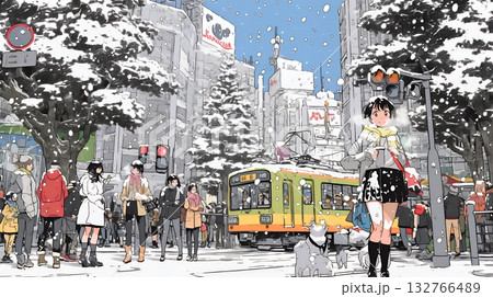 雪の積もる冬の都会を散策している若い女性