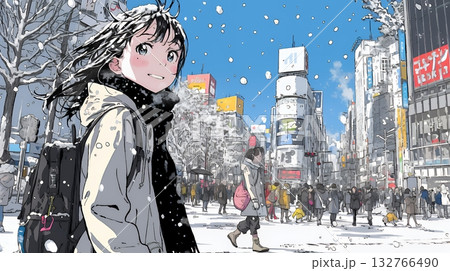 雪の積もる冬の都会を散策している若生女性