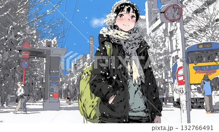 雪の積もる冬の都会を散策している若い女性