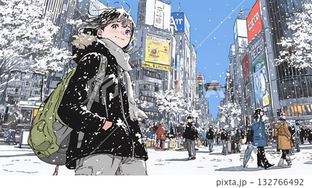 雪の積もる冬の都会を散策している若い女性