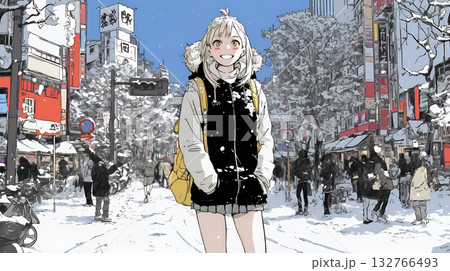 雪の積もる冬の都会を散策している若い女性