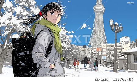 雪の積もる冬の都会を散策している若生女性
