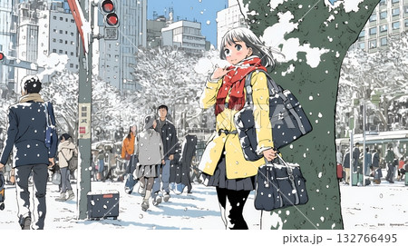 雪の積もる冬の都会を散策している若い女性