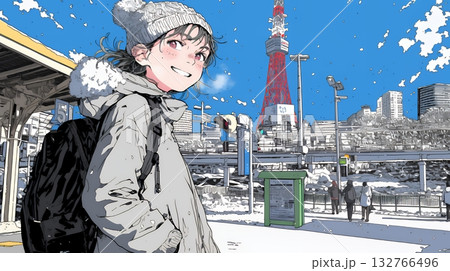 雪の積もる冬の都会を散策している若生女性
