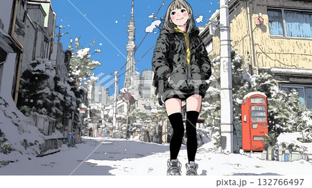 雪の積もる冬の都会を散策している若生女性