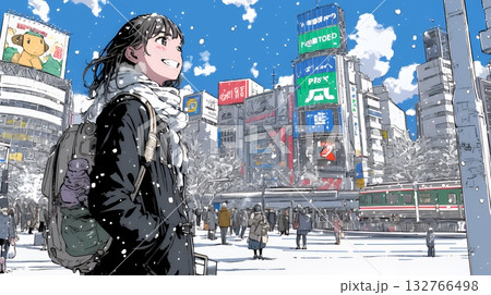 雪の積もる冬の都会を散策している若生女性