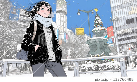 雪の積もる冬の都会を散策している若生女性