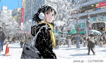 雪の積もる冬の都会を散策している若生女性