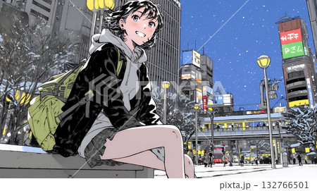 雪の積もる冬の都会を散策している若い女性