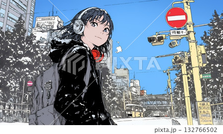 雪の積もる冬の都会を散策している若い女性