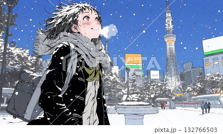 雪の積もる冬の都会を散策している若生女性