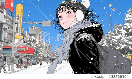 雪の積もる冬の都会を散策している若生女性