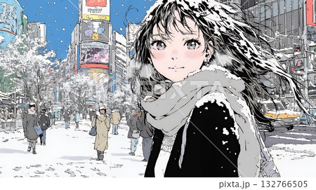 雪の積もる冬の都会を散策している若い女性