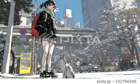 雪の積もる冬の都会を散策している若い女性