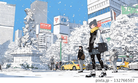 雪の積もる冬の都会を散策している若い女性