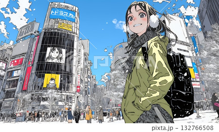 雪の積もる冬の都会を散策している若い女性