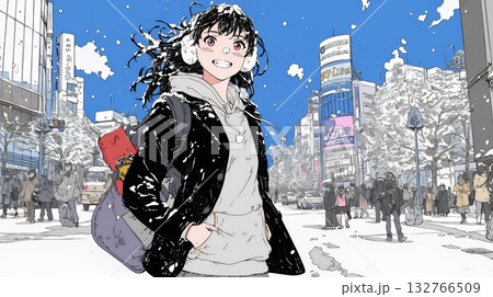 雪の積もる冬の都会を散策している若生女性