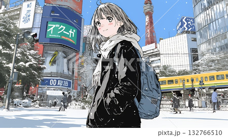 雪の積もる冬の都会を散策している若生女性