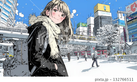 雪の積もる冬の都会を散策している若い女性
