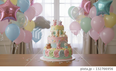 動物のデコレーションケーキとパーティールーム 132766956