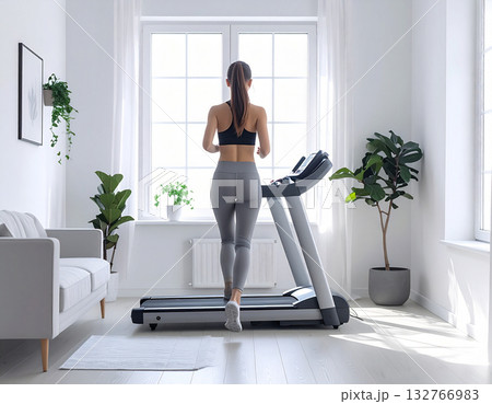 明るいリビングで朝のルームランナー運動をする女性の後ろ姿｜おうちフィットネス 132766983