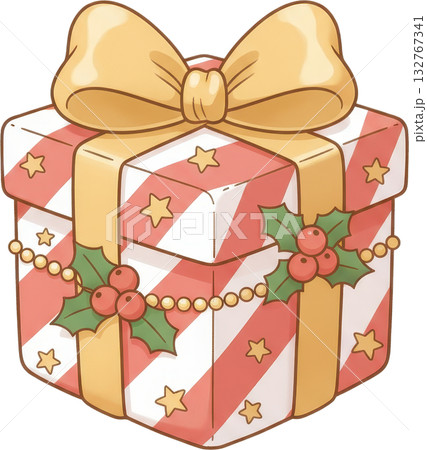 A festive Christmas gift box with red and white stripes stars and holly A festive Christmas gift box with red and white stripes stars and holly 132767341
