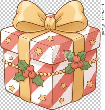 A festive Christmas gift box with red and white stripes stars and holly A festive Christmas gift box with red and white stripes stars and holly 132767341