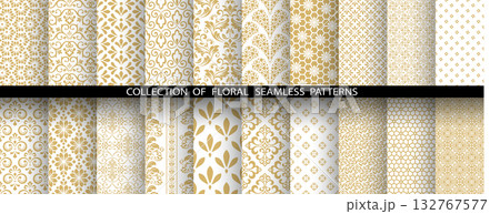 Geometric floral set of seamless patterns. White and golden vector backgrounds. Damask graphic ornaments 132767577