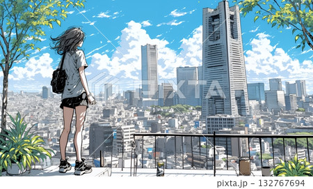 都市のランドスケープを眺めている若い女性