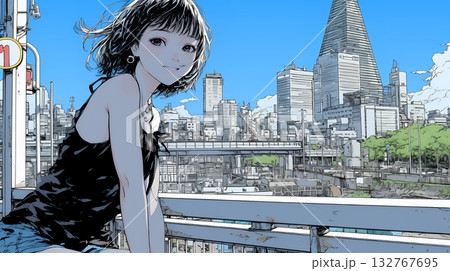 都市のランドスケープを眺めている若い女性