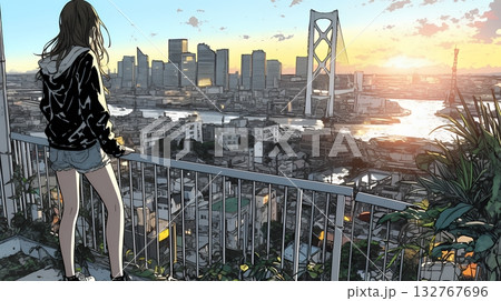 夕暮れ（朝の）都市のランドスケープを眺めている若い女性