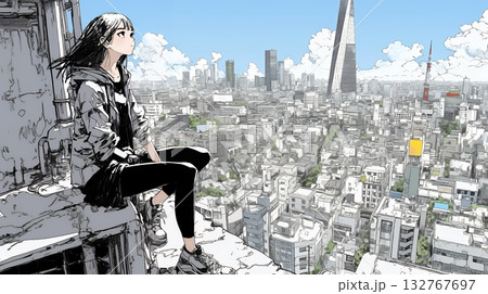 都市のランドスケープを眺めている若い女性